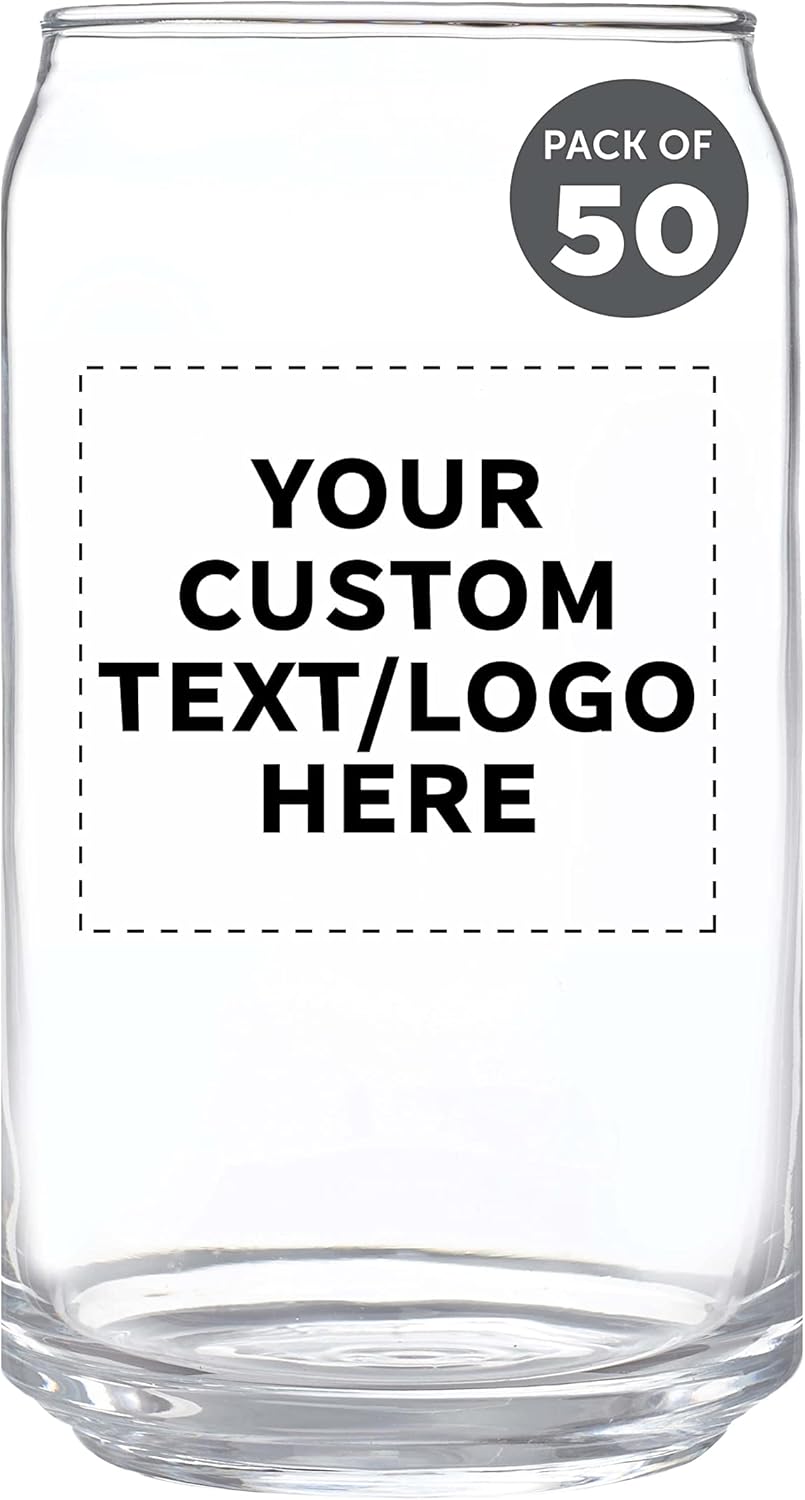 Custom Beer Can Glasses Set of 50, 16 oz. Pint Sized, Promotional Text, Logo, Soda Can Shape, Glassware, Clear