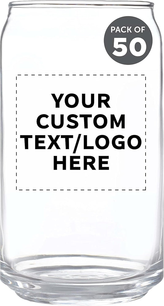 Custom Beer Can Glasses Set of 50, 16 oz. Pint Sized, Promotional Text, Logo, Soda Can Shape, Glassware, Clear