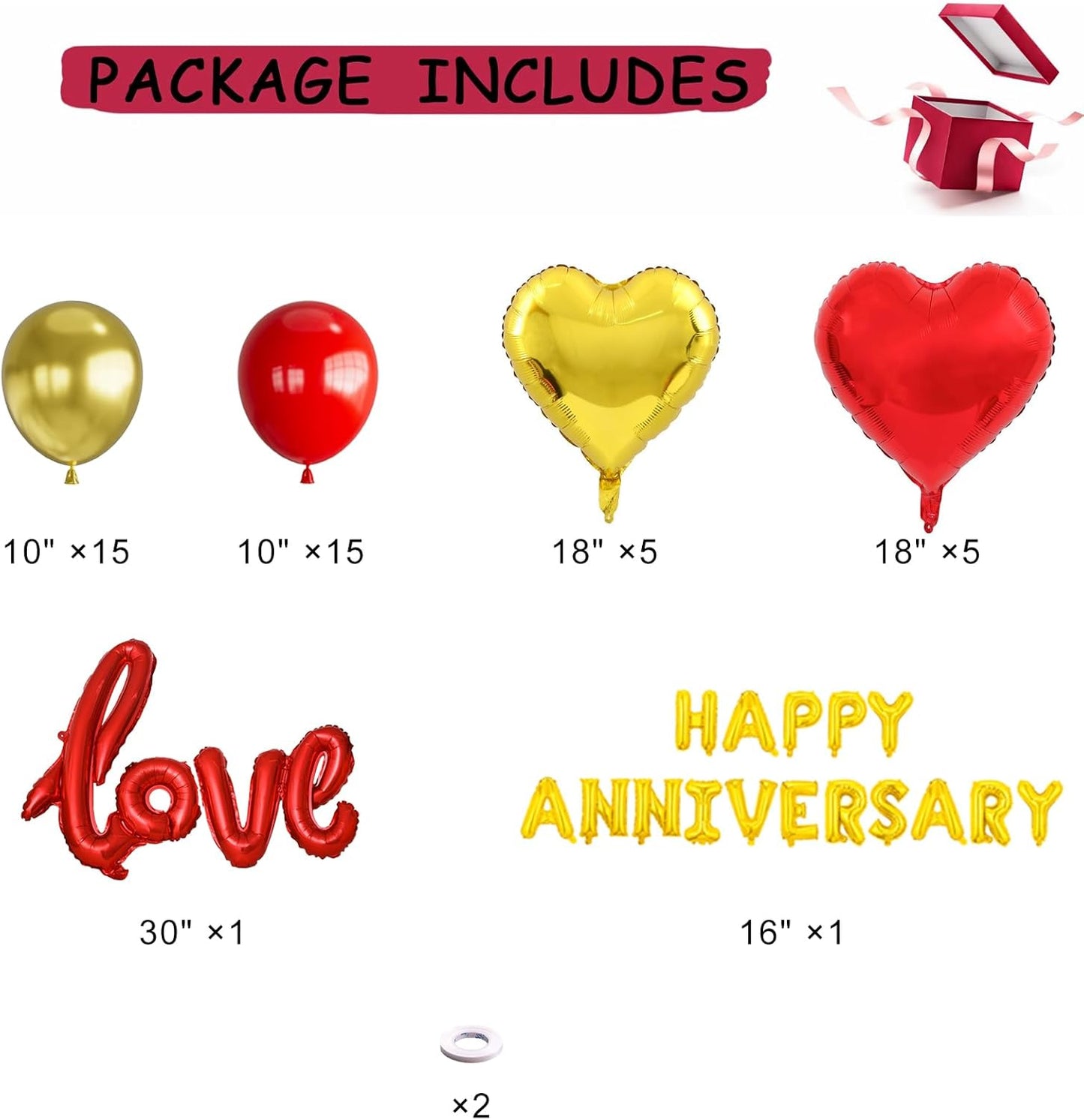Anniversary Decorations, Happy Anniversary Banner, Hanging String Hearts, Red and Gold Balloons, Love Balloon, Red Silk Rose Petals for Wedding Bridal Shower Bachelorette Party Decorations