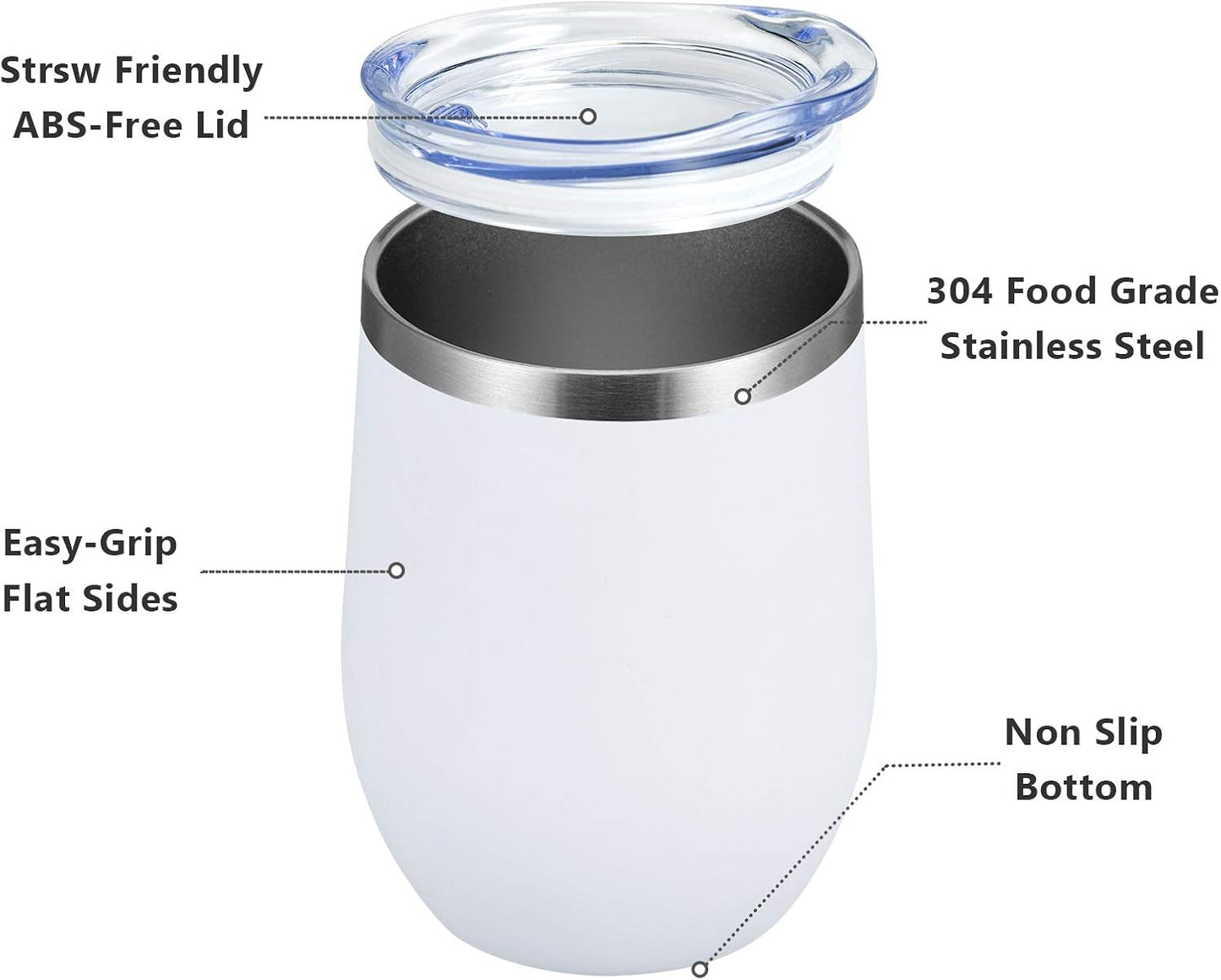MEWAY 12oz/4 Pack Wine Tumbler Glasses with Lid - Stemless Double Wall Vacuum Stainless Steel Travel Tumbler - Keeping Cold & Hot for Wine,Coffee,Cocktails,Drinks-Family and Gifts (White,Set of 4)