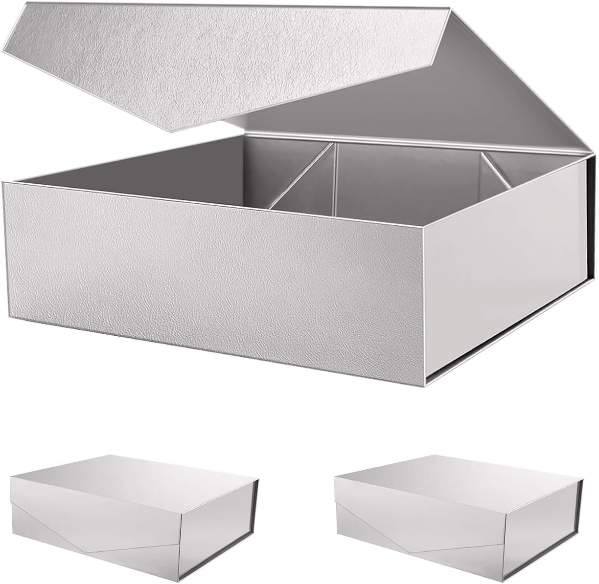 PACKHOME 17x14.5x5.5 Inches, 3 Extra Large Gift Boxes with Lids, Magnetic Closure Boxes for Clothes and Large Gifts (Glossy Silver with Grass Texture)