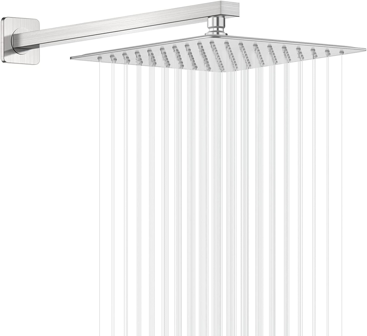 GGStudy Rain Shower Head Brushed Nickel with Extension Arm 10 Inch Square Shower Head with 16 Inch Shower Arm Large Stainless Steel Rainfall Showerhead Waterfall Full Body Coverage
