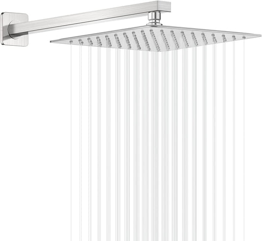 GGStudy Rain Shower Head Brushed Nickel with Extension Arm 10 Inch Square Shower Head with 16 Inch Shower Arm Large Stainless Steel Rainfall Showerhead Waterfall Full Body Coverage
