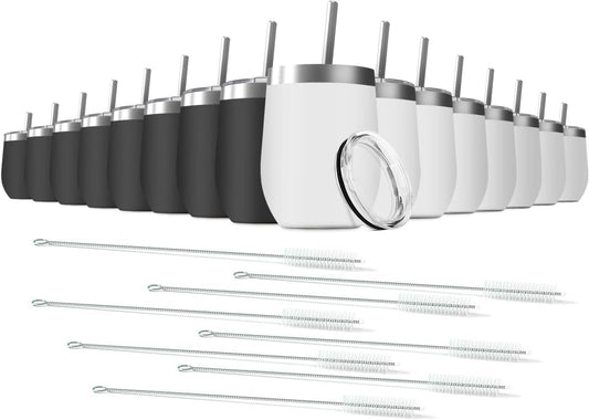 16 Pack 12oz Wine Tumbler with Lid With straw Stainless Steel Wine Tumbler Cups Double Wall Vacuum Insulated Travel Mugs Stemless Cup