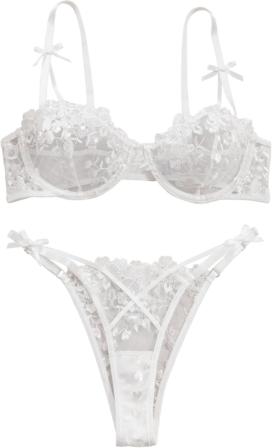 Lilosy Sexy Underwire Cute Push Up Strappy Embroidered Mesh Sheer Lingerie Set See Through Panty Bra