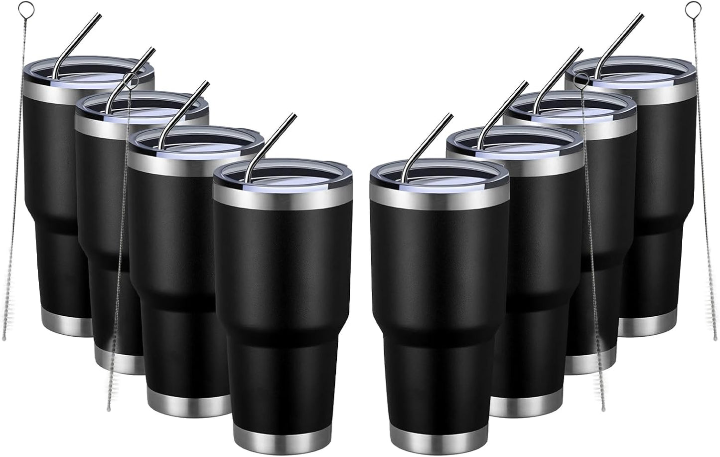 MEWAY 30oz Insulated Tumbler With Lids and Straws,Stainless Steel Double Vacuum Coffee Tumbler Cup, Brush, Durable Powder Coated Coffee Cup for Cold & Hot Drinks(Black,8 PACK)