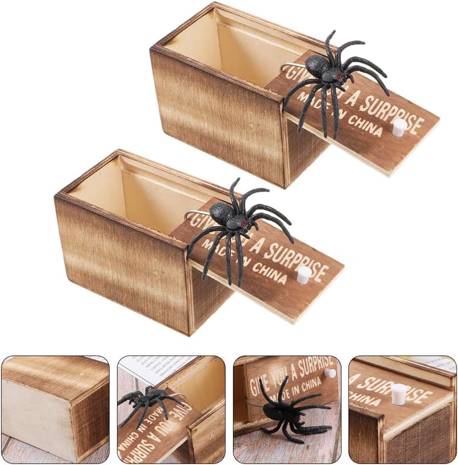 NUOBESTY Spider Prank Toy Box Tricky Spider Box Fake Spider in a Box Funny Wooden Box Toy April Fool Halloween Joke Toys Scare Shocker Surprise Spider Model 2pcs