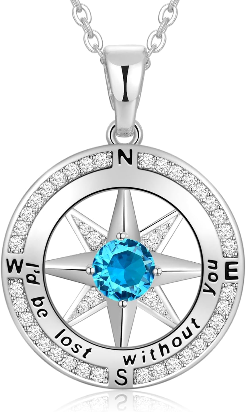 Peeshow Gifts for Women Wife-Compass Birthstone Necklace Gift for Wife Birthday Wedding Anniversary Women Jewelry for Her Girlfriend S925 Sterling Silver