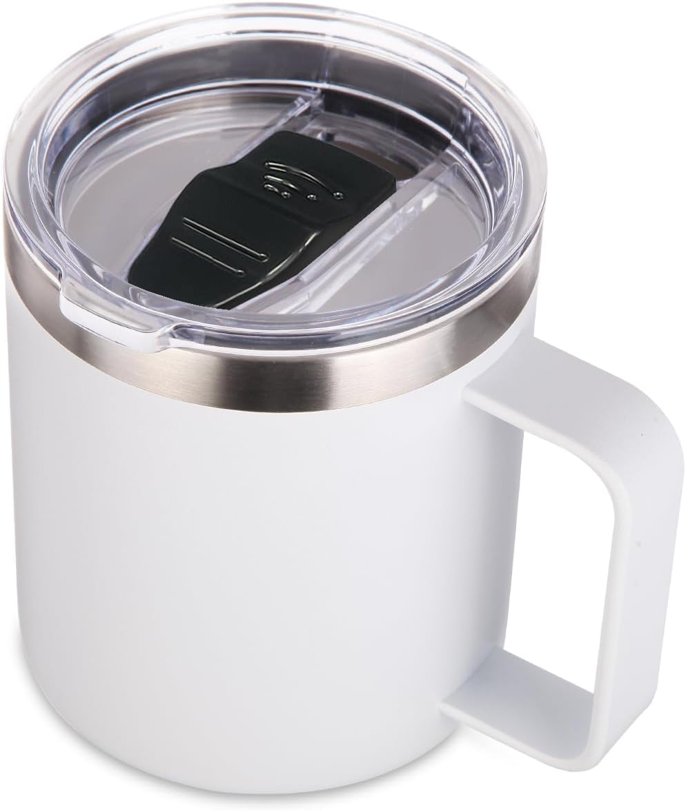 Volhoply 14oz Insulated Stainless Steel Coffee Mug with Leakproof Lid,Double Wall Vacuum Travel Coffee Cup with Handle,Reusable Metal Cups Tumbler,Camping Mugs Keep Hot/Cold,Ideal Gifts(White,1)