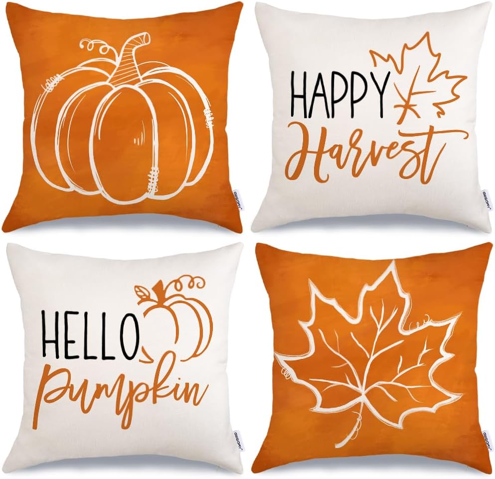GEEORY Fall Pumpkin Maple Leaves Pillow Covers 16x16 Set of 4, Happy Harvest Cushion Case Autumn Decorative Throw Pillows Farmhouse Thanksgiving Decorations for Sofa