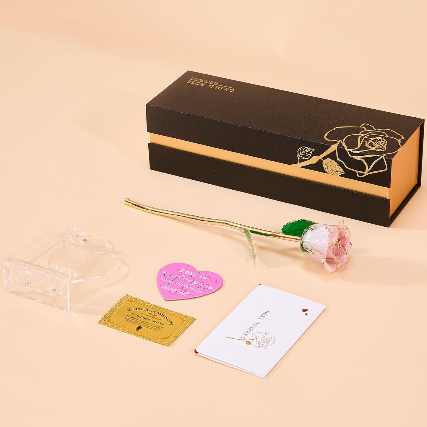 Mikasol Real 24K Gold Dipped Realistic Rose – Timeless Lifelike Bloom with Heart Puzzle Base – Romantic Gradient Pink Flower Gift for Her, Wife, Girlfriend, Mom – Birthday, Anniversary, Mother’s Day