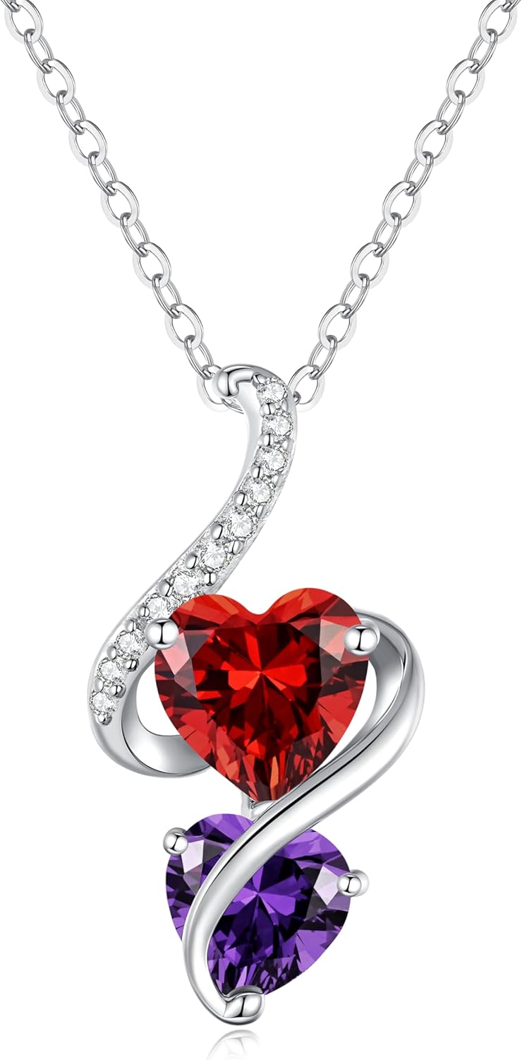 LOUISA SECRET Unique Double Heart Necklace Gifts for Wife Women, 925 Sterling Silver Tiny Birthstone Pendant Jewelry Gift for Her Girlfriend Mom Valentine's Day Anniversary Mother's Day Birthdays & Christmas