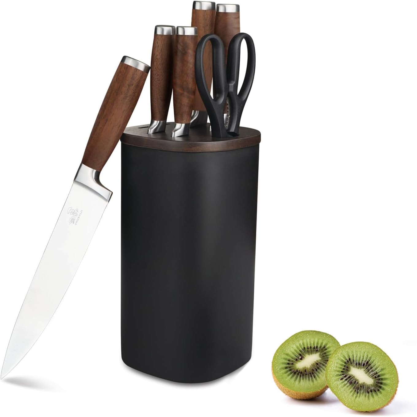 Knife Block Set(Walnut handle), 7-Piece Black Kitchen Knife Set for Home, Anti-Rust Non-stick Stainless Steel Sharp Chef Knife Set with Universal Knife Block for Kitchen, Ergonomical Design (Black)