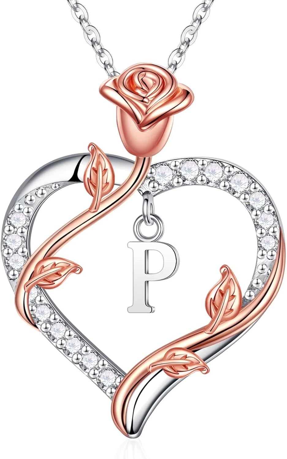 Iefil Rose Heart Necklaces Gifts for Women - 925 Sterling Silver Heart Initial Necklace, Anniversary Birthday Gifts for Women, Jewelry Gift for Wife Wife Girlfriend Mom