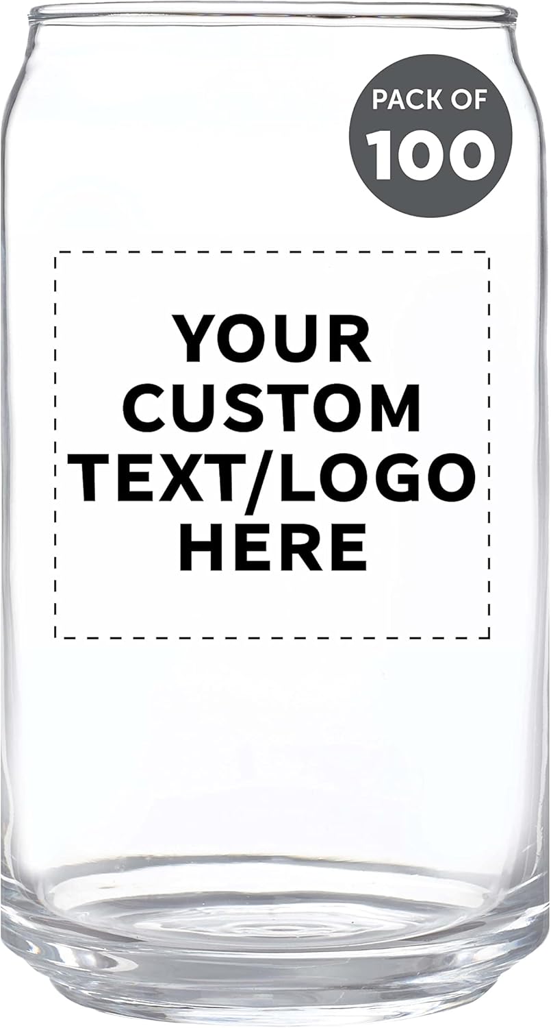 Custom Beer Can Glasses Set of 100, 16 oz. Pint Sized, Promotional Text, Logo, Soda Can Shape, Glassware, Clear
