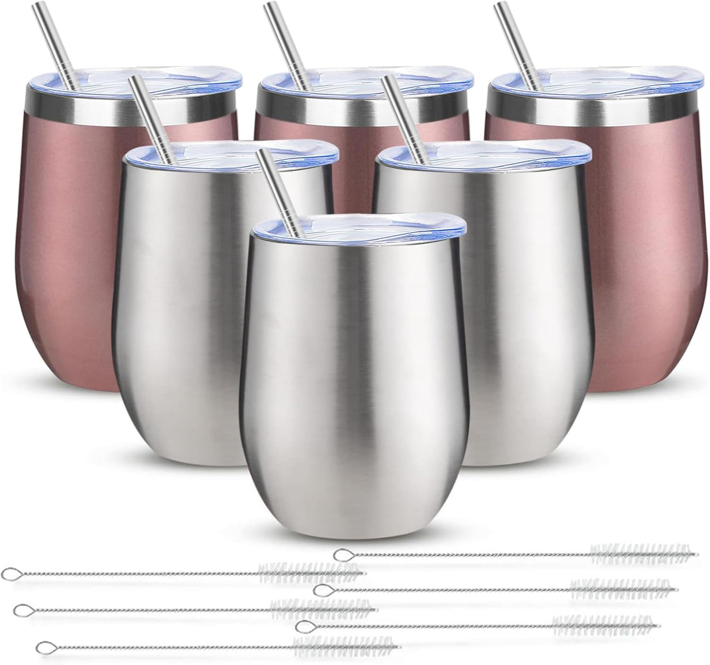 12oz/6 Pack Wine Tumbler Glasses with Lid Stemless Double Wall Vacuum Stainless Steel Travel Tumbler Keeping Cold & Hot for Wine,Coffee,Cocktails,Christmas Drinks-Family and Gifts (Silver & Rose Gold)