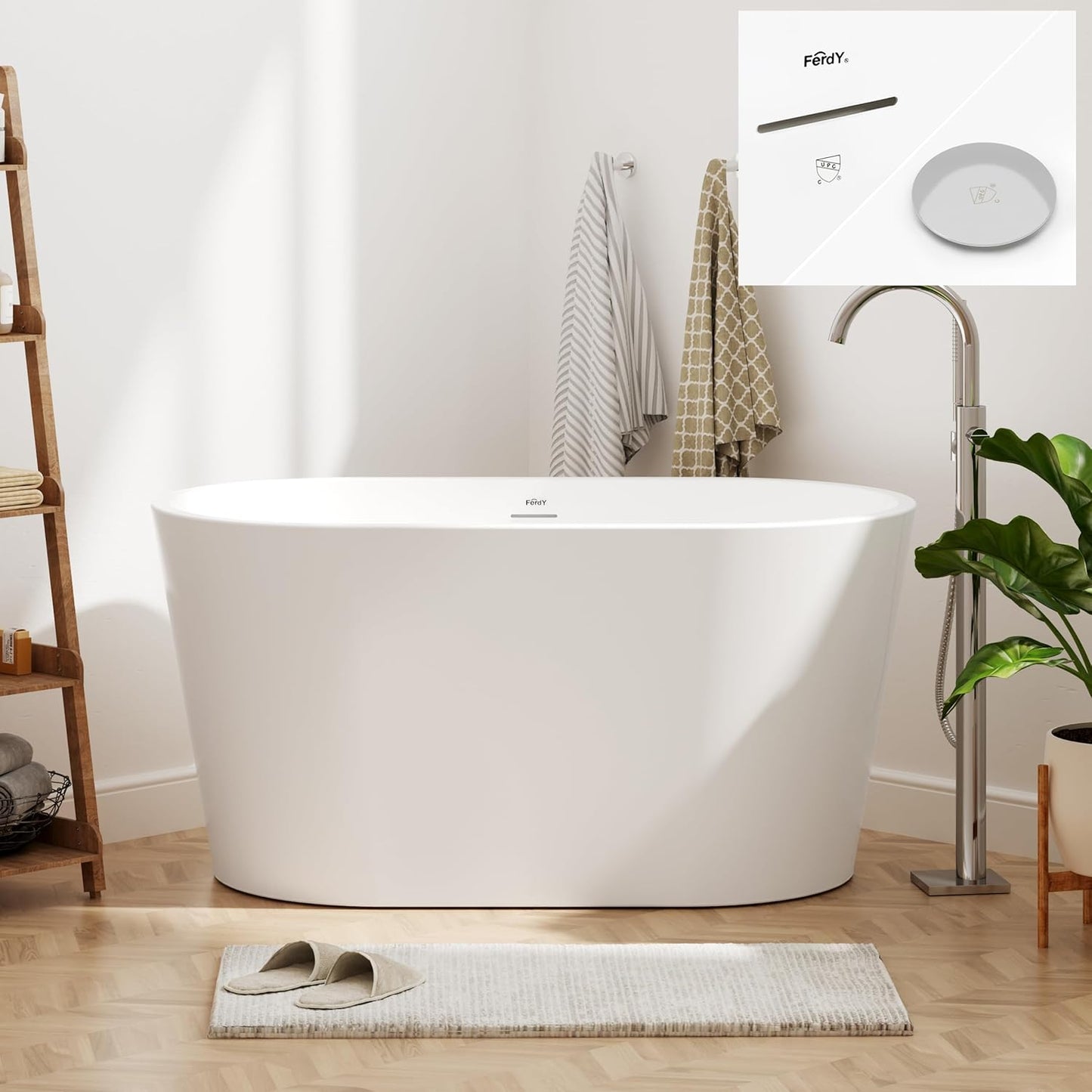 FerdY Shangri-La 47" Acrylic Freestanding Bathtub, Small Classic Oval Shape Acrylic Soaking Bathtub with Chrome Drain & Minimalist Linear Design Overflow, Modern White, cUPC Certified