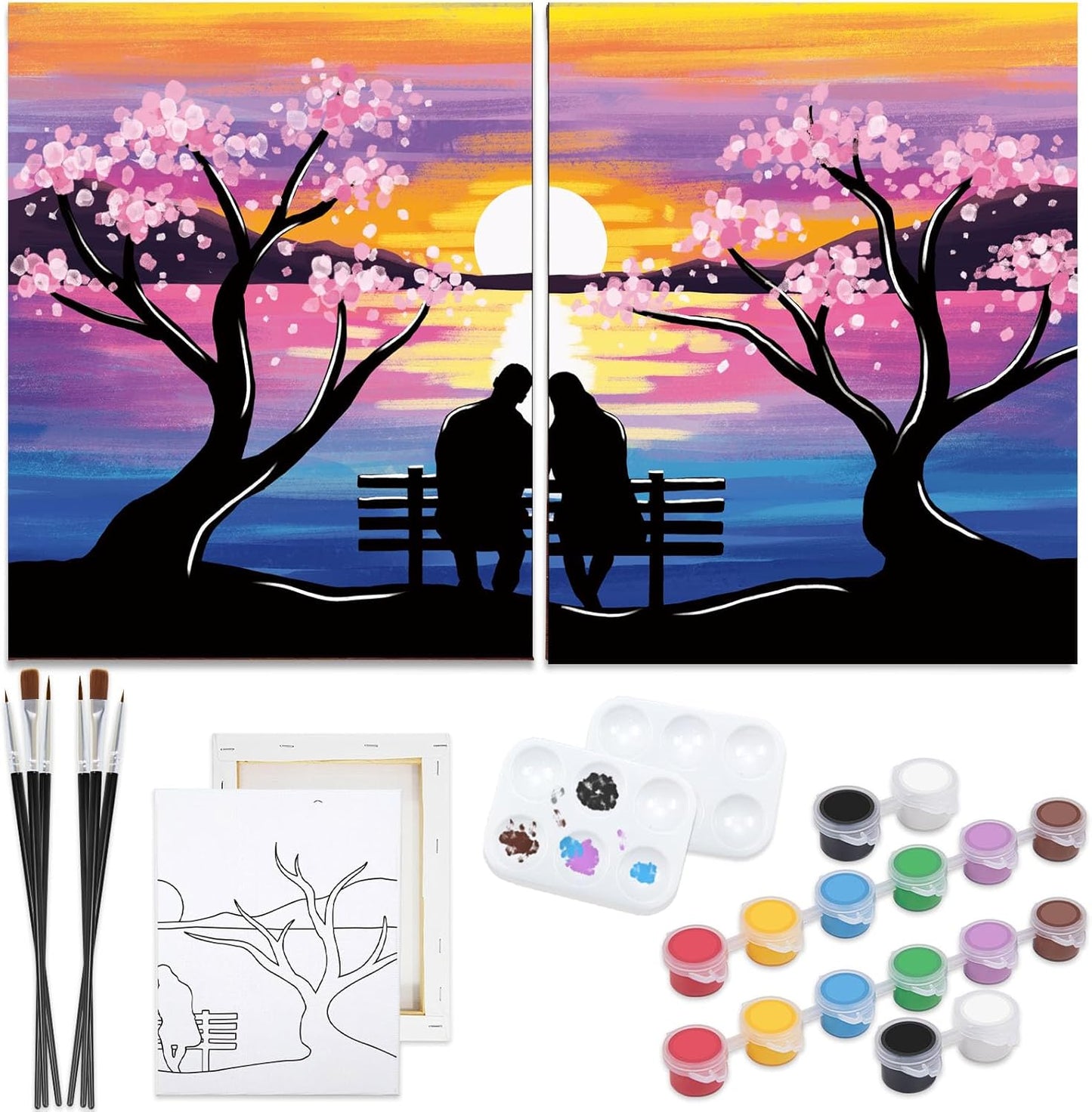 Nuberlic Date Night Painting Kit for Couples Pre Drawn Canvas to Paint for Adult Cherry Blossom Stretched Canvas Sip and Paint Kit for Adults Party Supplies Valentine's Day 2 Pack 8" x 10"