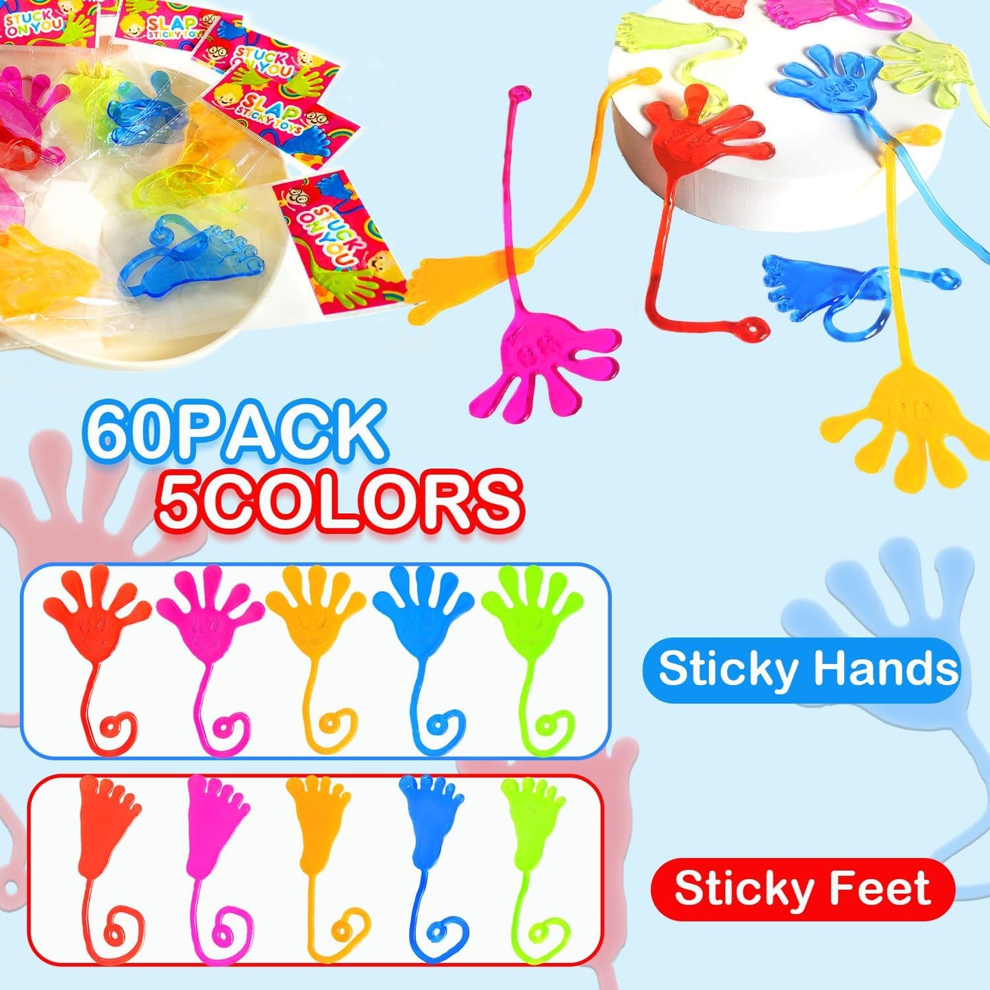 Bulk Toys Gifts for Kids Prizes (60 PCS), Large Sticky Hands & Feet Party Favors Supplies for Toddlers, Classroom Birthday Pinata Goodie Bag Stuffer Fillers Non Candy Treats for Boys Girls