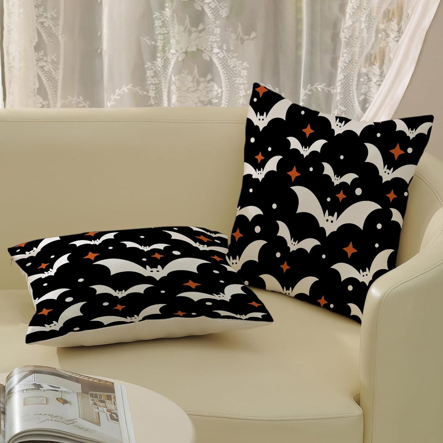 Halloween Pillow Covers 18x18 Pack of 2 Black Beige Bat Throw Pillow Covers Outdoor Decor,Autumn Halloween Decoration Black Pillowcase Farmhouse Linen Decorative Cushion Case for Sofa Couch