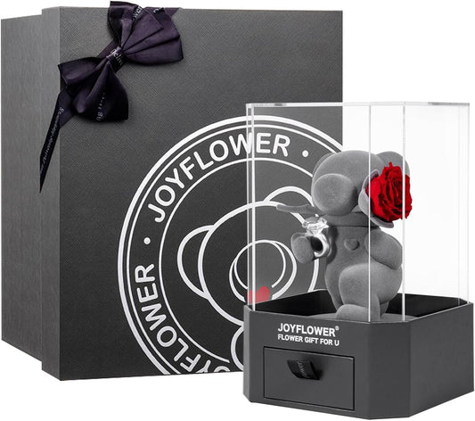 JoyFlower Preserved Flowers with Cute Teddy Bear, Eternal Real Rose with Promise Ring & Acrylic Cover Gift for Girlfriend Wife Her in Valentine's Day, Birthday, Weddings, Anniversaries, Christmas