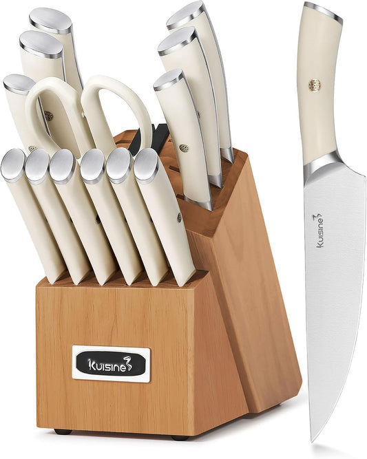 Kuisine Kitchen Knife Set,High Carbon Stainless Steel Ultra Sharp Blade Ergonomic Handle,Knife Block Set with Built-in Sharpener,Elegant Gift for Holiday(Irovy-Acacia,15PCS)