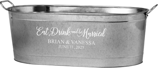 Let's Make Memories Personalized Beverage Tub - For Weddings, Newlyweds - Galvanized Metal Tub - Drink Cooler - 5.5 Gallons - Customized for Bride & Groom - Eat, Drink & Be Married