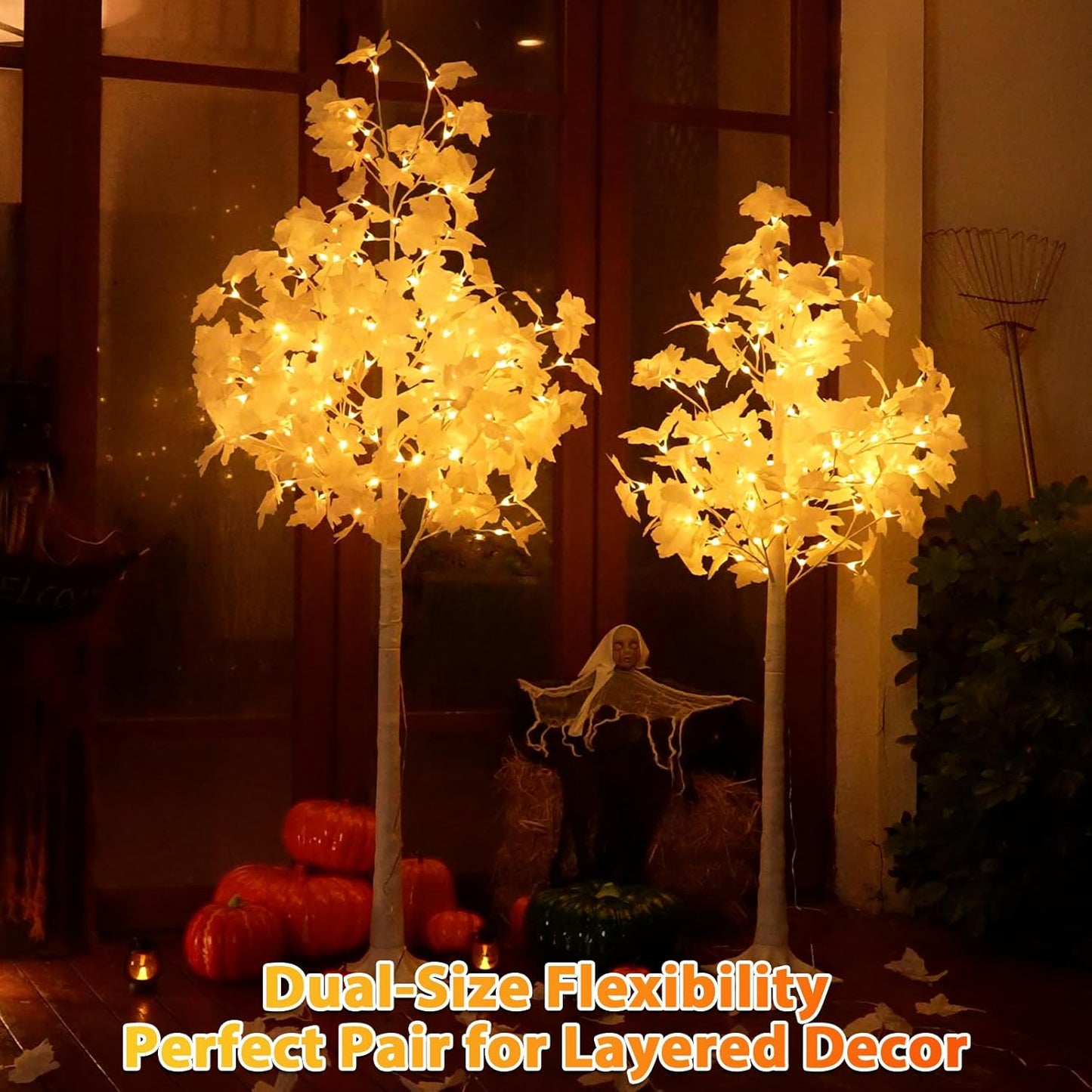 2PACK Artificial Lighted White Maple (5FT 96LED & 6FT 120LED) Fall Tree with Dual-Tone Lights (Cold & Warm White) Halloween, Thanksgiving, Autumn Harvest Outdoor Indoor Home Decor