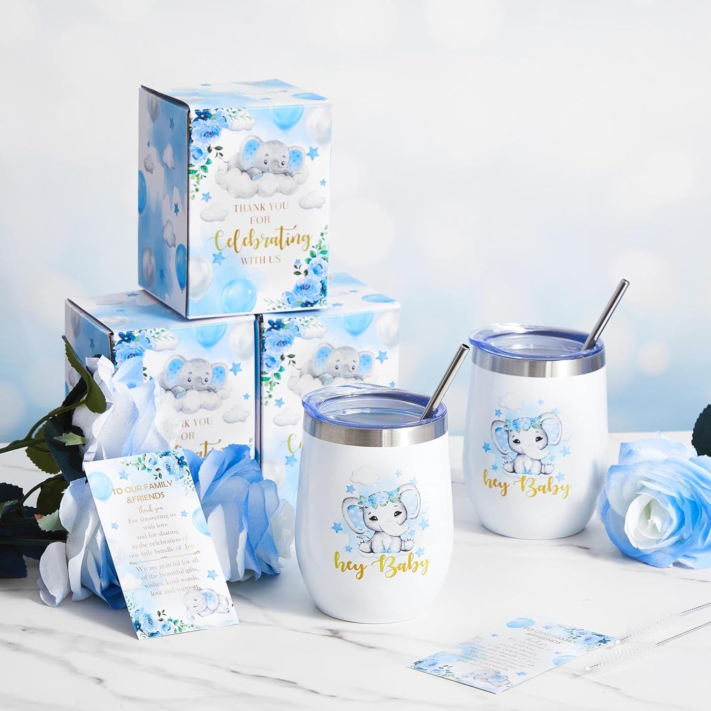 Hoolerry 6 Set Baby Shower Game Prizes for Guests Winners 12 oz Insulated Stainless Steel Tumbler Cup with Lids, Straws, Cleaning Brush, Cards & Boxes Return Gifts(Blue,Elephant)
