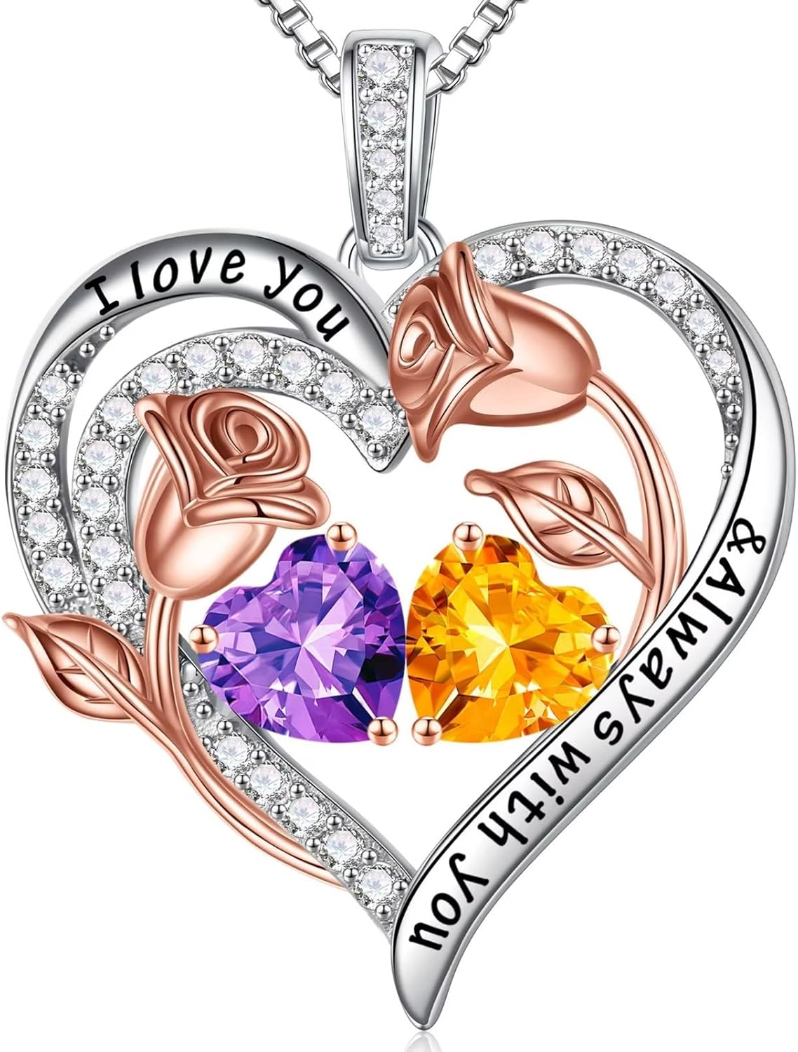 Iefil Birthstone Necklace for Women - 925 Sterling Silver Rose Heart Birthstone Necklace Birthday Anniversary Jewelry Gifts for Her Wife Mom Daughter