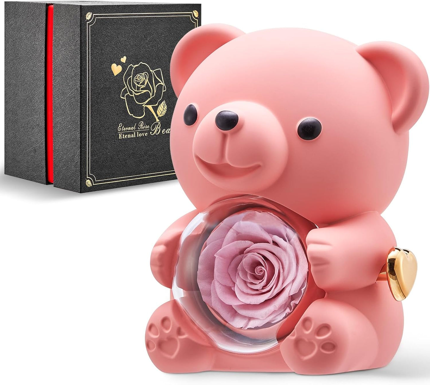 Mikasol Romantic Teddy Pink Bear with Preserved Rose - Real Rose in Elegant Black Gift Box for Anniversaries, Weddings, Bridal Showers, and Mother's Day