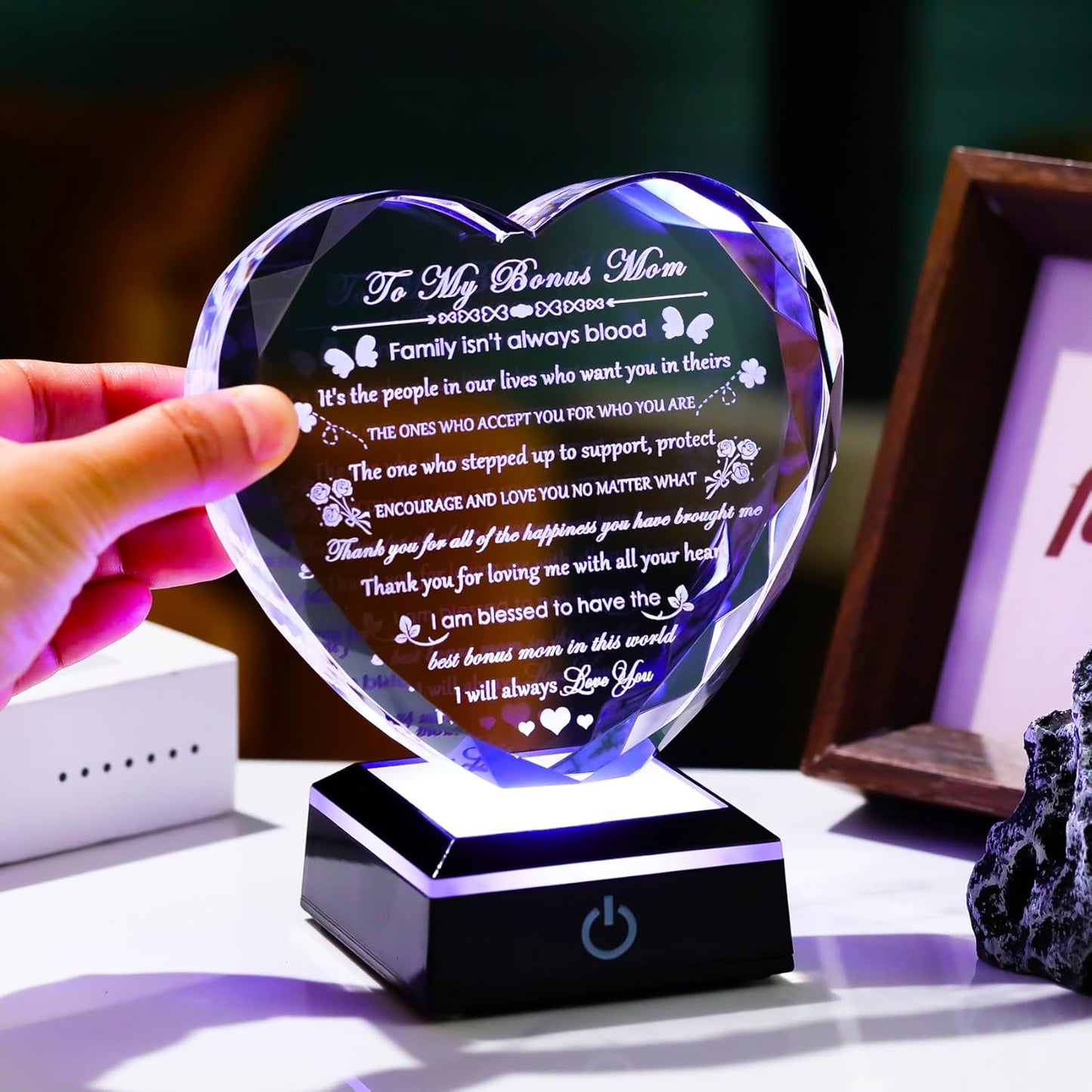 Bonus Mom Gifts with Colorful LED Base Crystal Heart Mothers Day Birthday Gifts for Stepmother Bonus Mom from Bonus Daughter Son Gift for Stepmom Mother in Law on Christmas Valentines