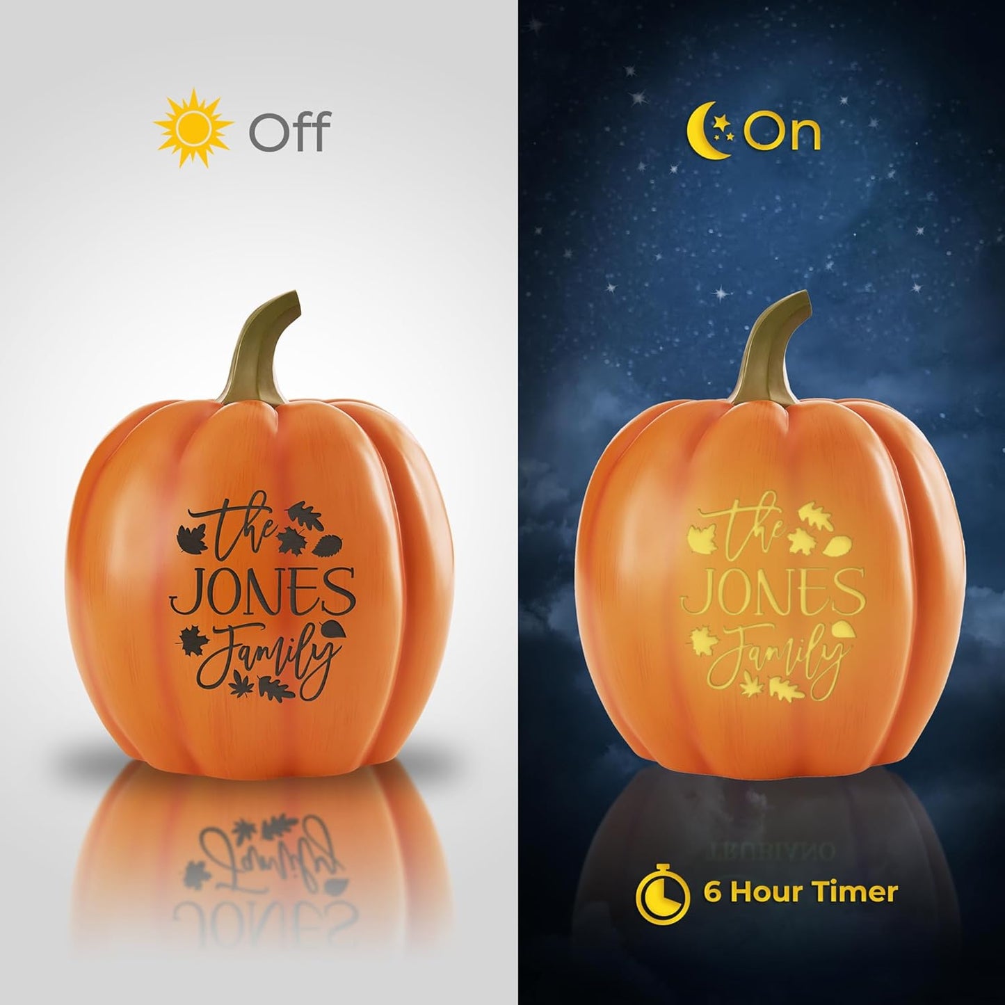 Let's Make Memories Personalized Light Up Pumpkin - Jack-o-Lantern Halloween Décor - Your Family Name on a Custom Pumpkin - Fall Decor - Light Up Indoors/Outdoors - Leaves Pattern - Silver Glitter - L
