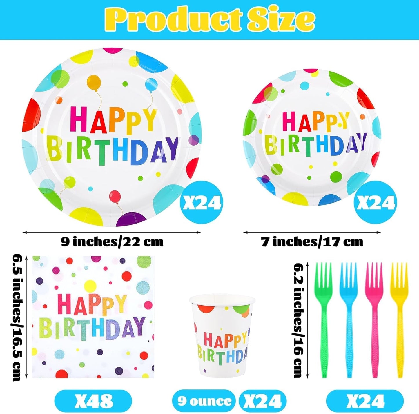 144 Pieces Happy Birthday Print Party Decorations Including Disposable Plates Napkins Cups Forks Tableware Sets Serves 24 for Birthday Party Supplies