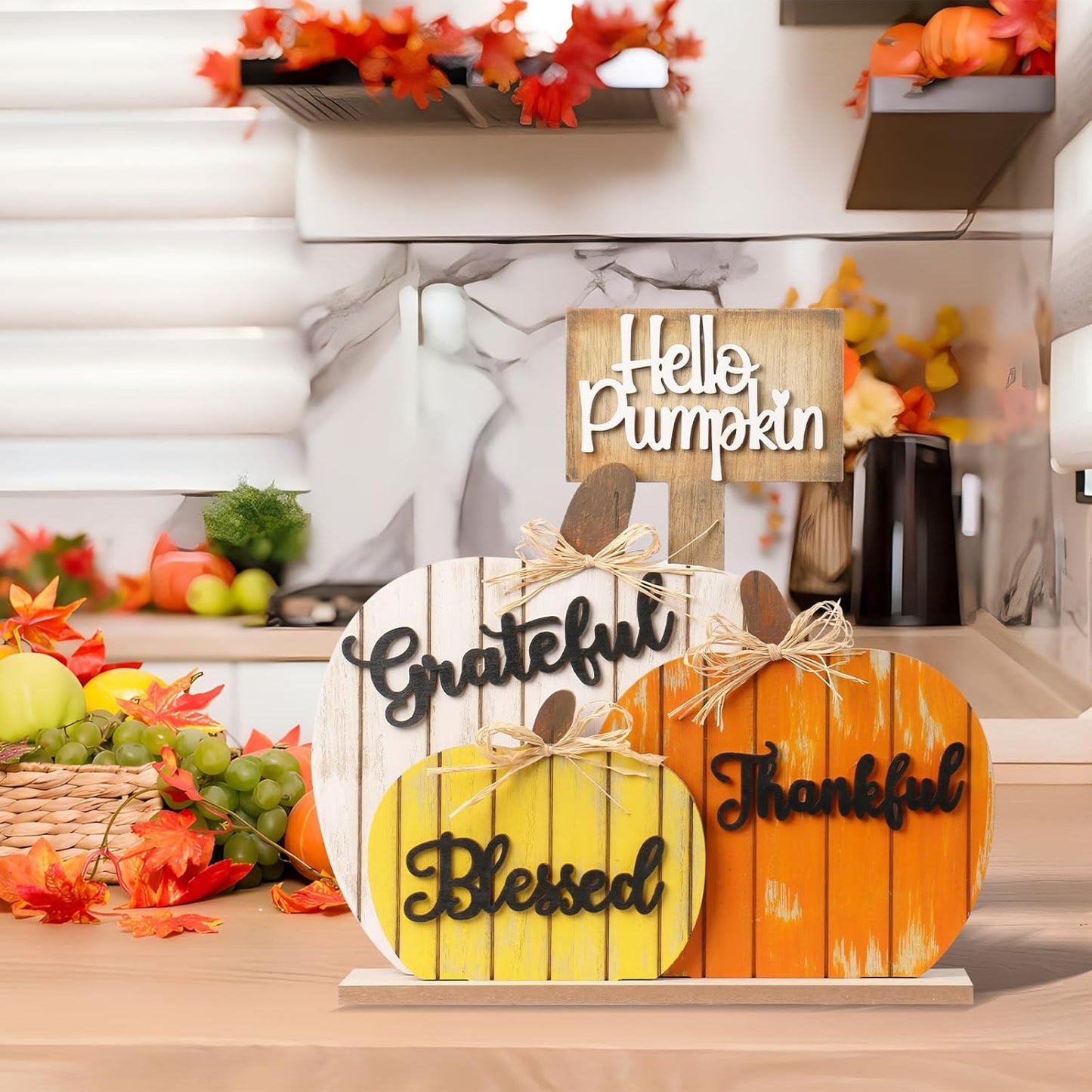 SY Super Bang Fall Decorations for Home, Rustic Wooden Blessed Grateful Thankful Hello Pumpkin Tabletop Sign Thanksgiving Decoration, for Autumn Harvest Farmhouse Party Decor.