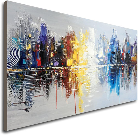 Large Hand Painted Abstract Reflection Cityscape Canvas Wall Art Modern Oil Painting Contemporary Decor Artwork (60 x 30 inch)