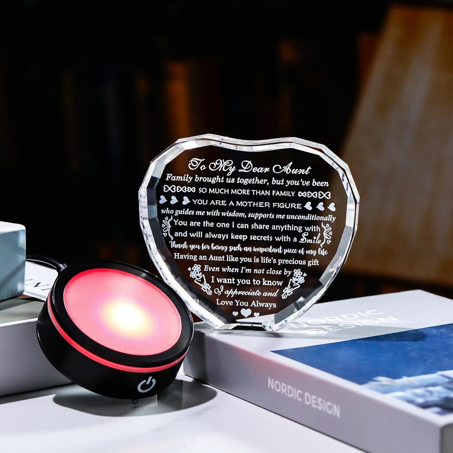 YWHL Aunt Birthday Gifts for Women with Colorful LED Base Unique Heart Gifts for Aunt from Niece Nephew Best Auntie Gift Ideas on Mothers Day Thanksgiving