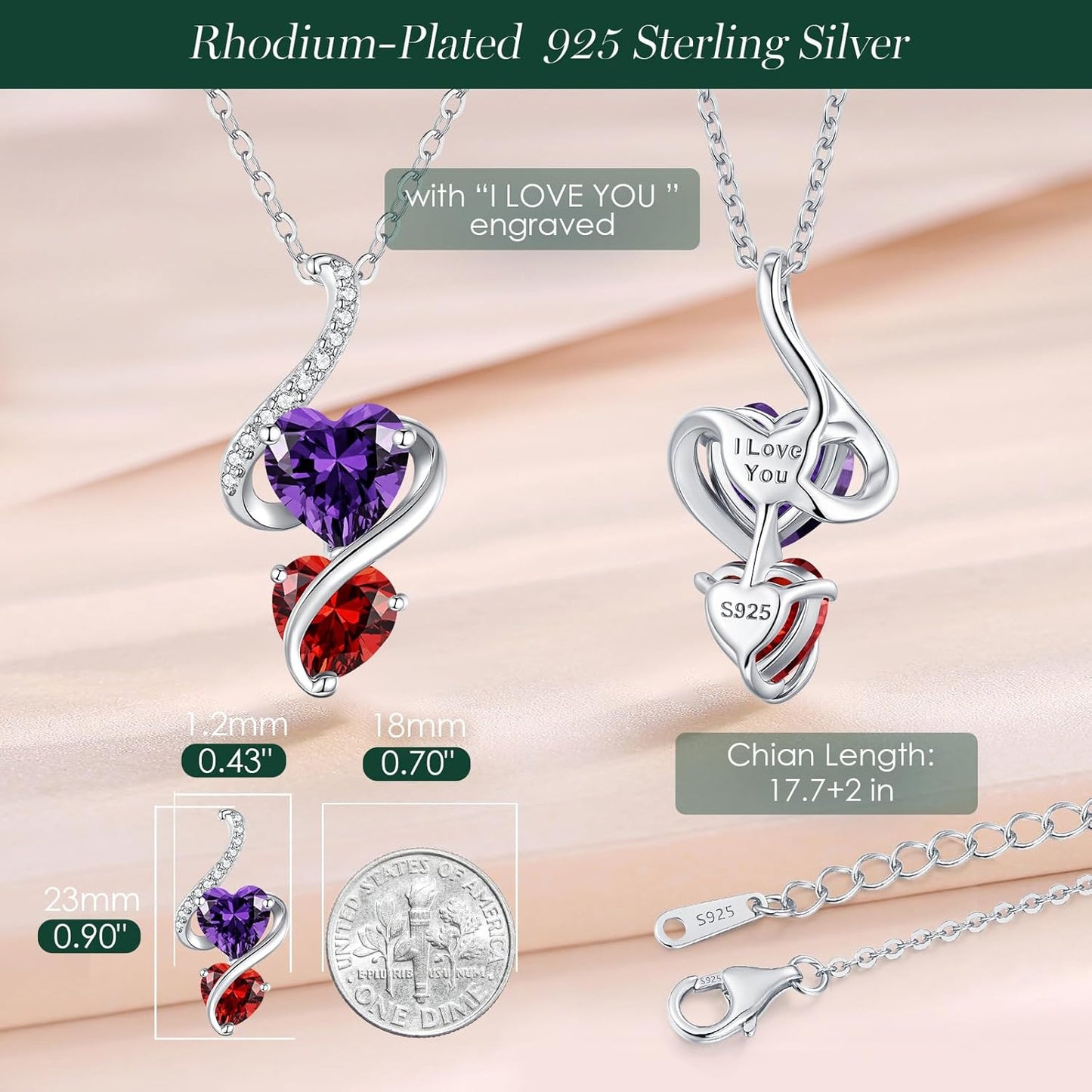 LOUISA SECRET Unique Double Heart Necklace Gifts for Wife Women, 925 Sterling Silver Tiny Birthstone Pendant Jewelry Gift for Her Girlfriend Mom Valentine's Day Anniversary Mother's Day Birthdays & Christmas