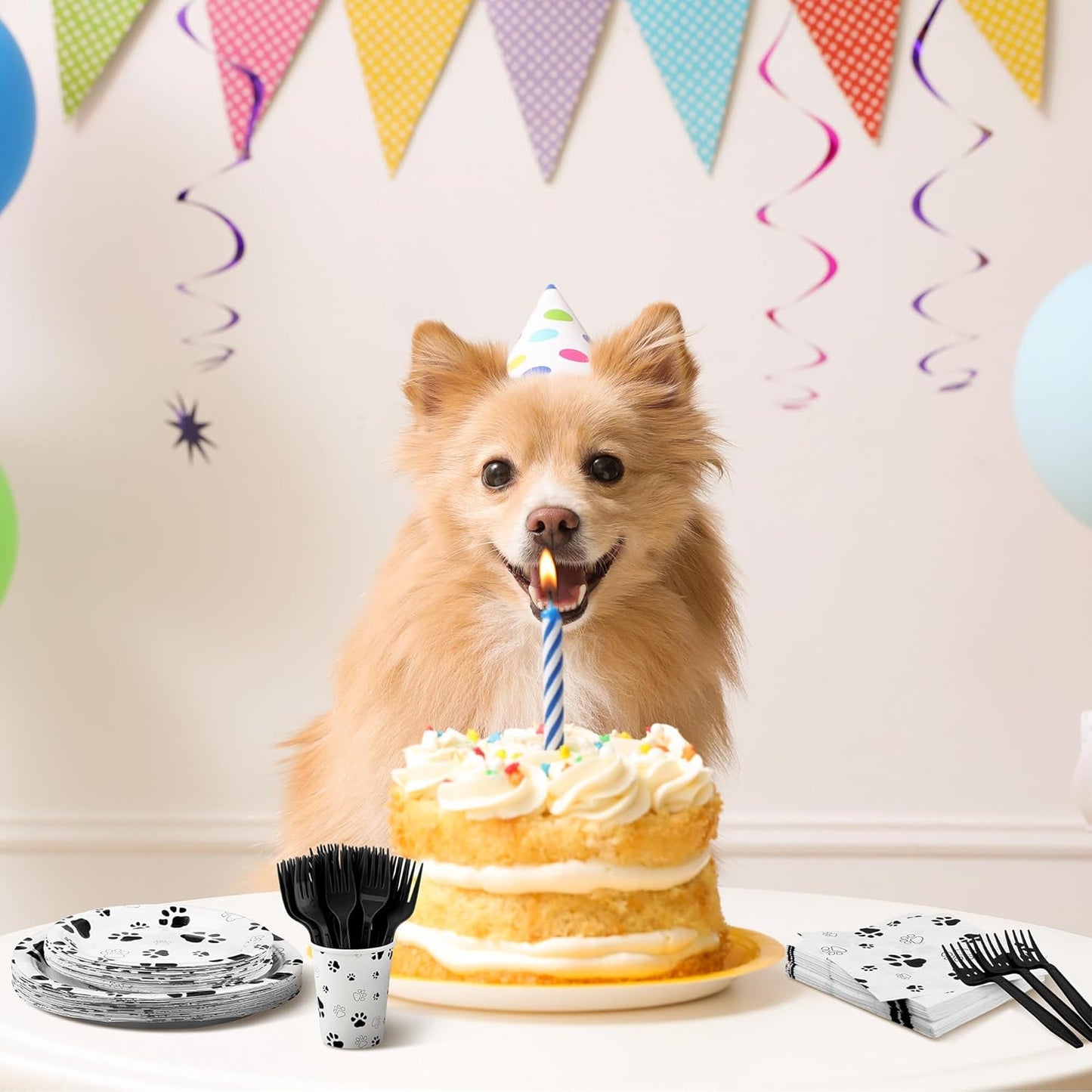 144 Pieces Black Paw Print Party Tableware Sets Including Disposable Plates Napkins Cups Forks Serves 24 for Dog Puppy Theme Party Supplies
