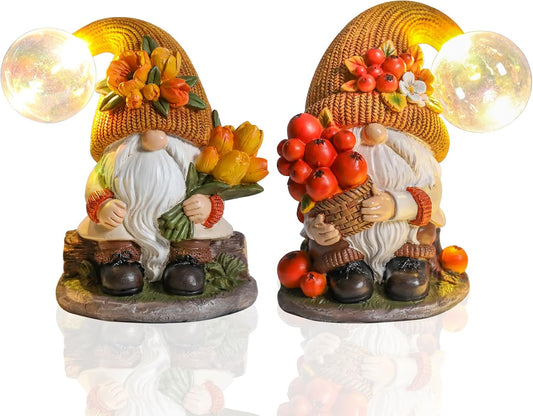 Bdor A Pair Fall Gnome Garden Decor – 6.1"x4.3"x7.1" Harvest Gnome Statue with LED Crackle Globe – Autumn Yard Ornament for Thanksgiving, Outdoor Lawn, Patio, Porch