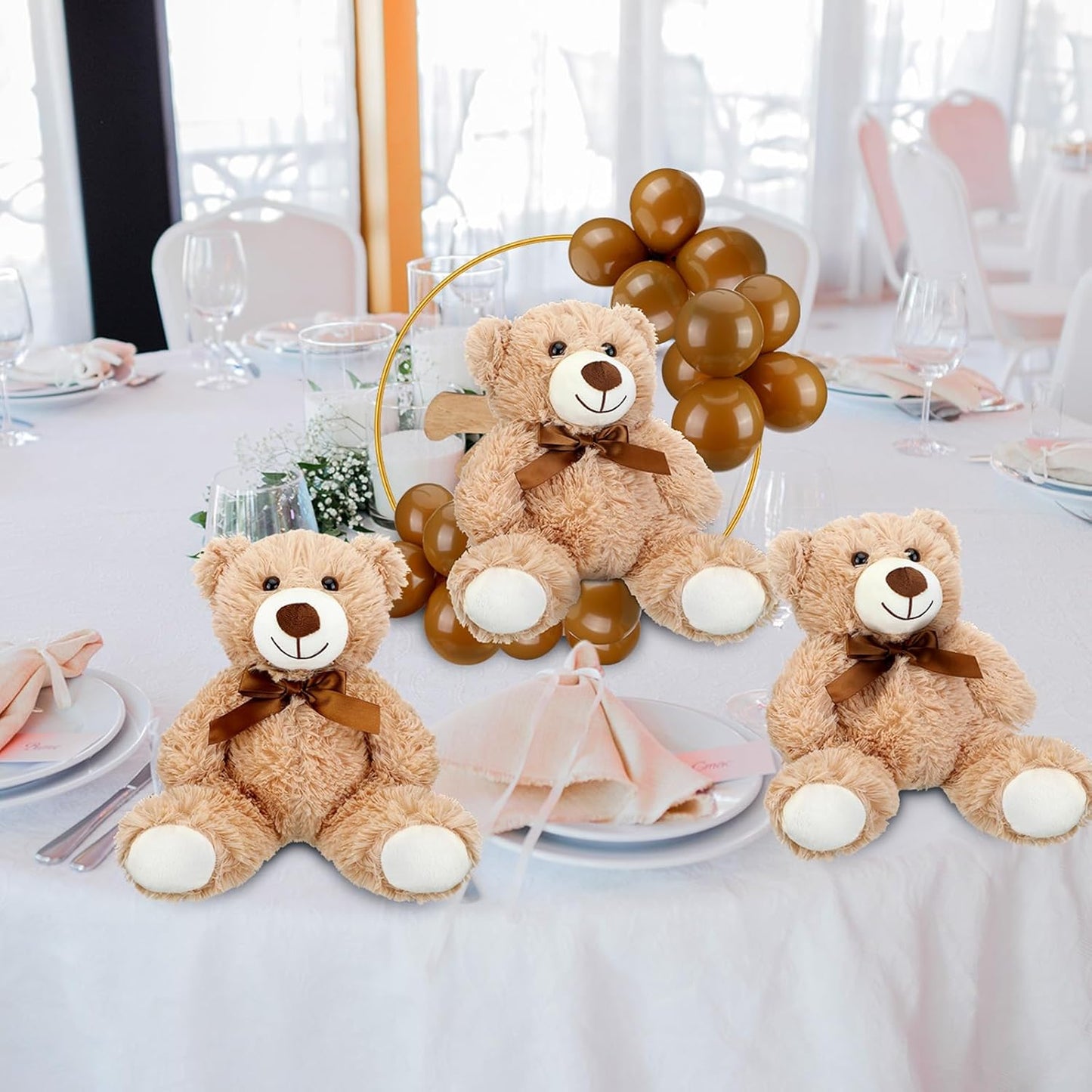 6 Sets Bear Baby Shower Table Centerpieces Bear Stuffed Animals 12 Inch Metal Floral Hoop with Stand Balloon for Wedding Baby Shower Birthday Flowers Table Decorations(Brown)