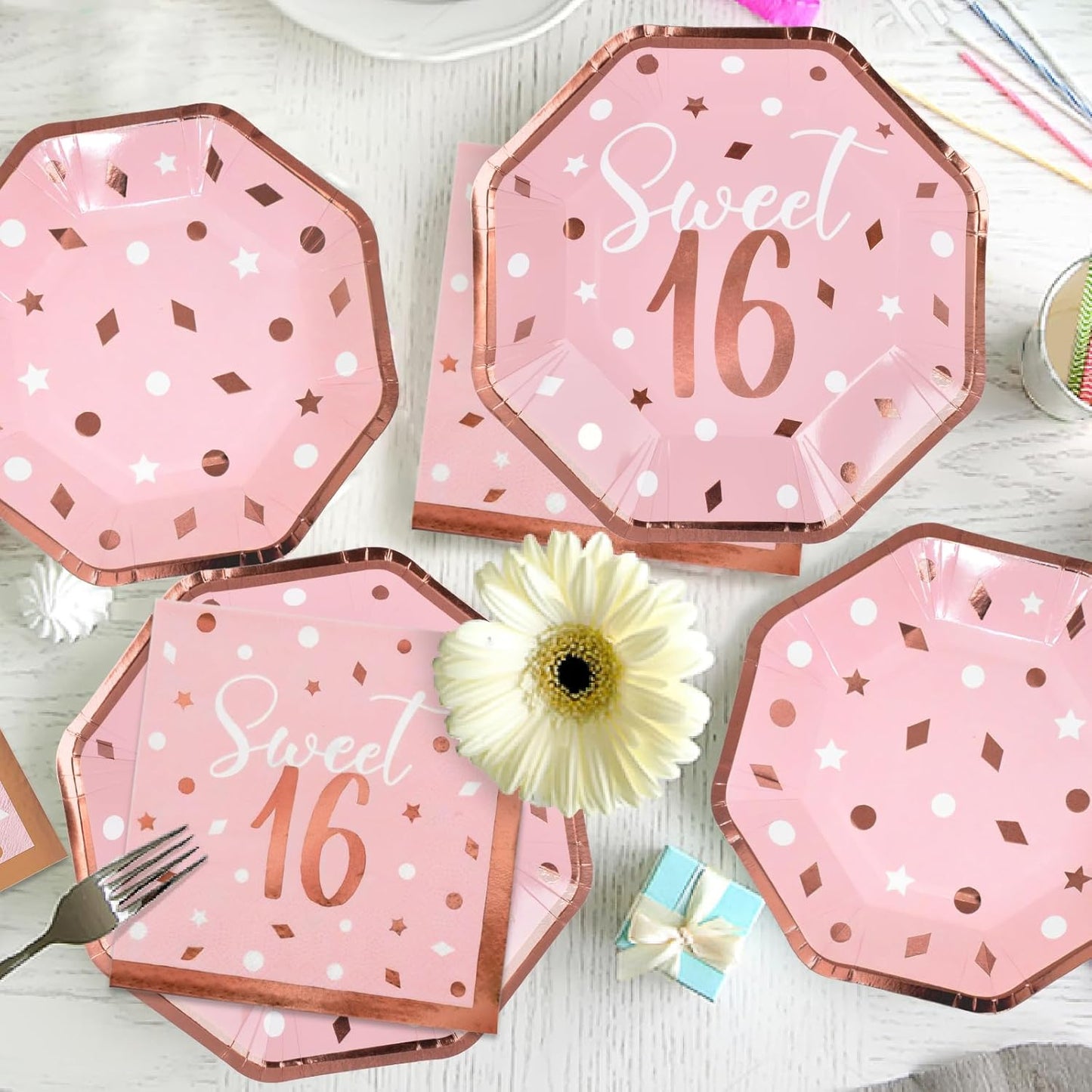 Rose Gold & Pink Sweet 16 Birthday Bundle: Party Supplies Set with paper Plates, Napkins, Cups, Tablecloth & Banner - Sweet Sixteen Decorations, Party Favors ,Serves 25