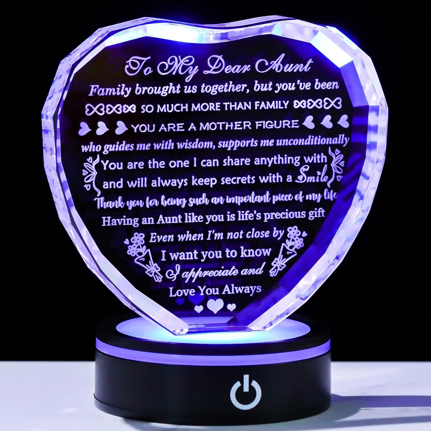 YWHL Aunt Birthday Gifts for Women with Colorful LED Base Unique Heart Gifts for Aunt from Niece Nephew Best Auntie Gift Ideas on Mothers Day Thanksgiving