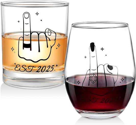 Wedding Gifts for Couples 2025 - Engagement & Bridal Shower Glass Set - Fun Ring Finger Wine and Whiskey Glasses for Newlyweds Mr. Mrs. His Hers Bride To Be