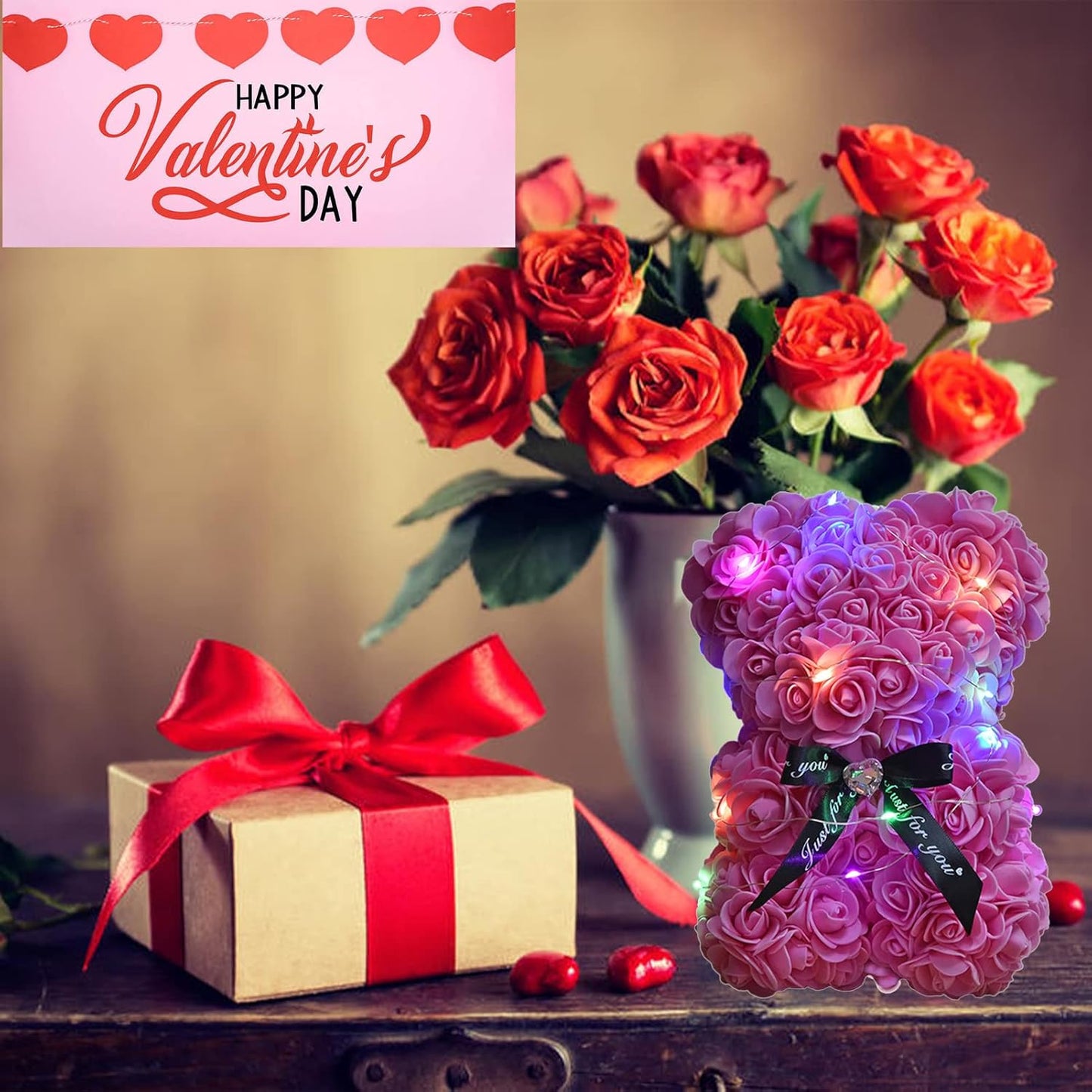 Artificial Rose Flower Bear,Perfect Romantic Gift for Her, Valentine's Mother's Day, Christmas, Birthday,Thanksgiving Party Anniversary Girl Friend Wife with Heart-Shaped Diamond,Pink.