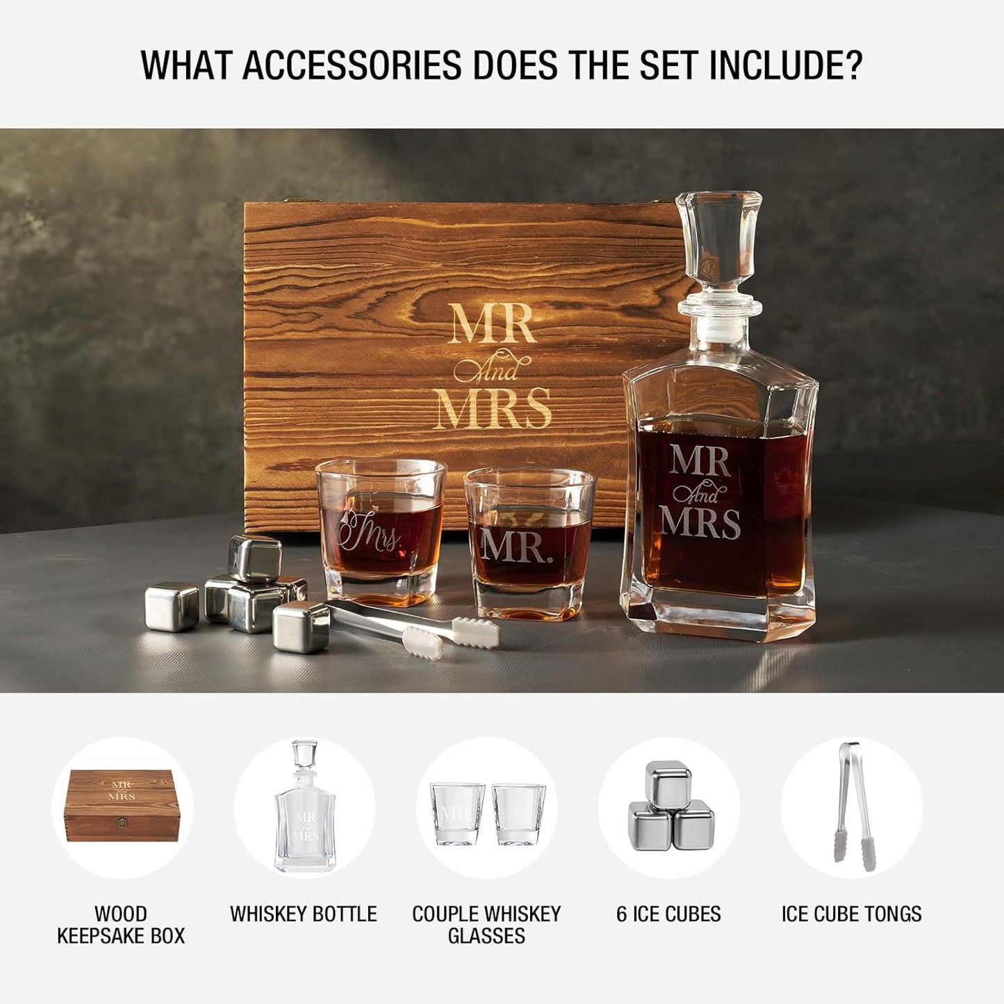 AW BRIDAL Whiskey Decanter Set with Wooden Keepsake Box, Mr & Mrs Glasses, Ice Cubes, Wedding Gifts Bridal Shower Gifts Engagement Gift for Couples Newlyweds