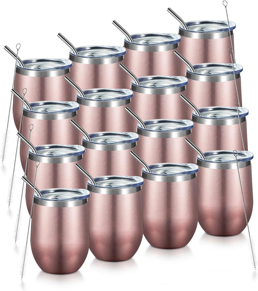 COMOOO Rose Gold Stainless Steel Wine Tumbler Bulk with Lid and Straw 12oz Double Wall Vacuum Insulated Travel Tumbler Cup for Coffee Wine Cocktails Ice Cream Cup Rose Gold, 16 pack