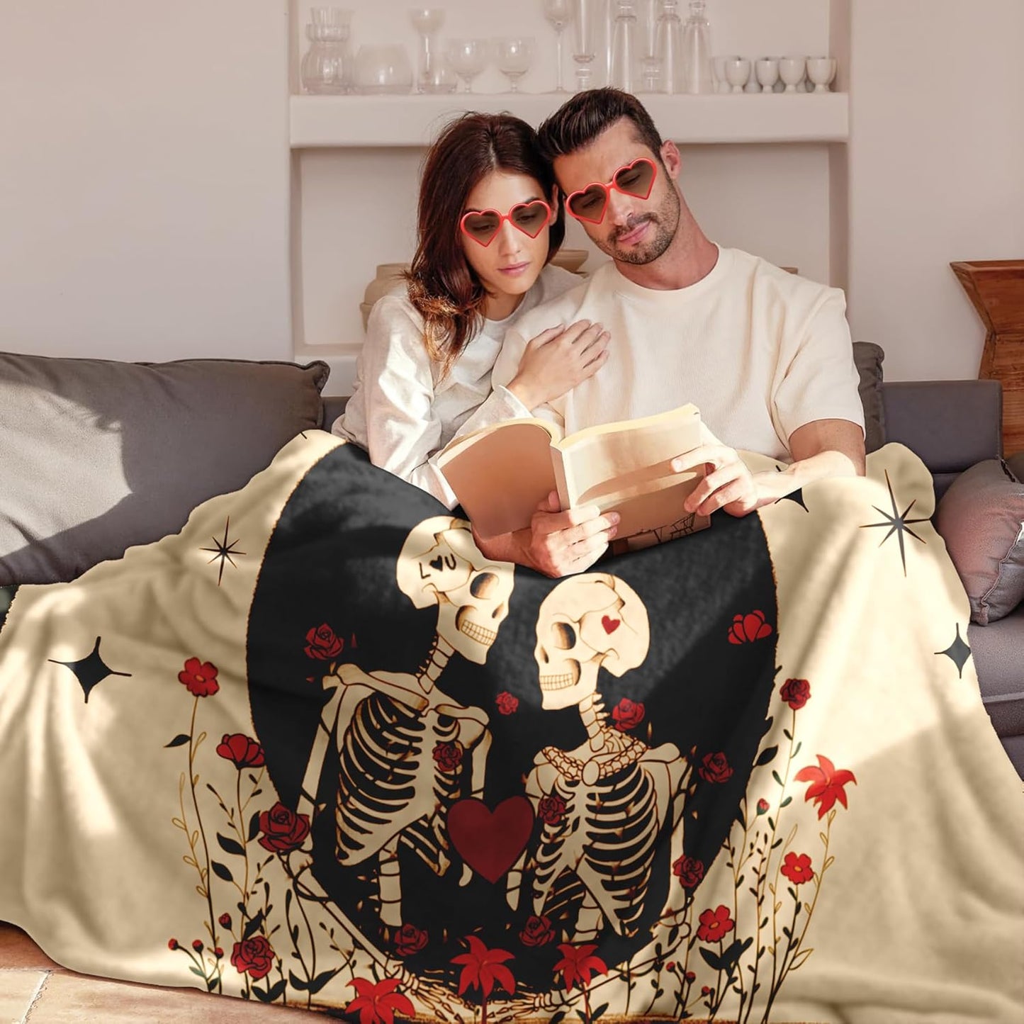 Couple Gifts Blanket for Her Him,Skull Love Throw Blanket for Boyfriend Girlfriend,I Love You More Anniversary Wedding Birthday Gift for Husband Wife 60"X50",Halloween Skeleton Decor Present