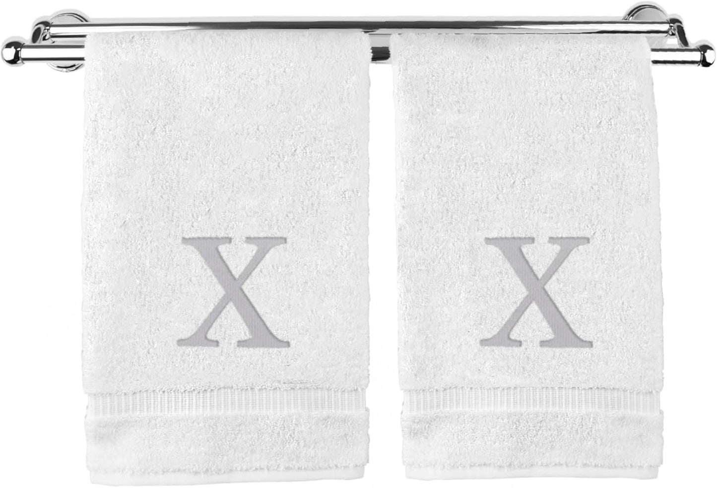 Monogrammed Hand Towel, Personalized Gift, Set of 2- Silver Block Letter Embroidered Towel - Extra Absorbent 100% Turkish Cotton - Soft Terry Finish - Initial X White