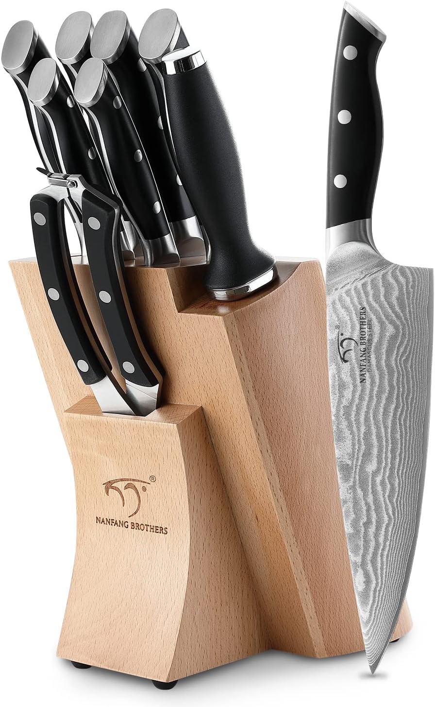 NANFANG BROTHERS Knife Sets, 9 Pieces Damascus Kitchen Knife Set with Block, ABS Ergonomic Handle for Chef Knife Set, Knife Sharpener and Kitchen Shears, Knife Block Set